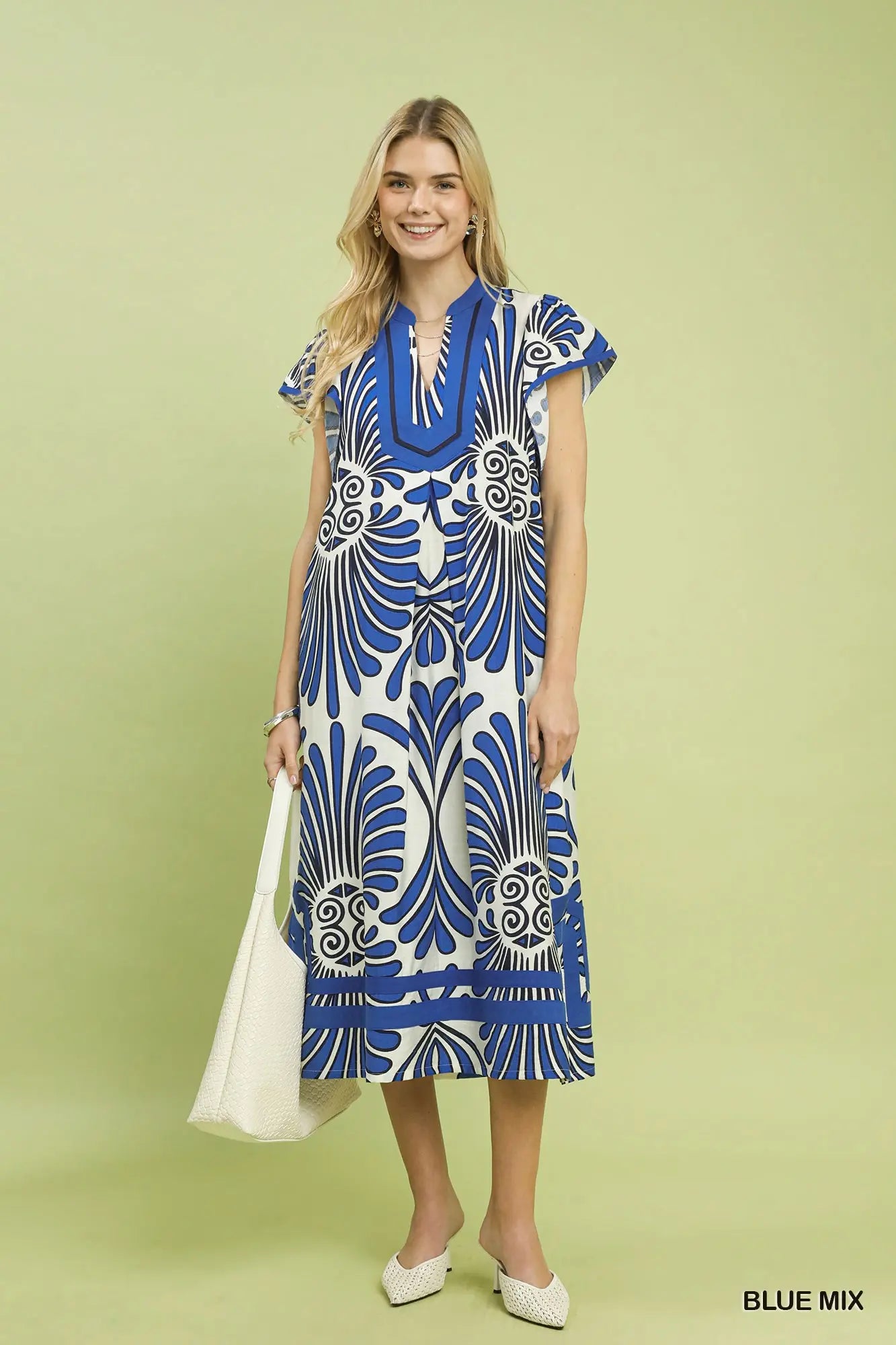 Mix Bold Print Flutter Sleeve Midi Dress by Umgee in Blue Mix
