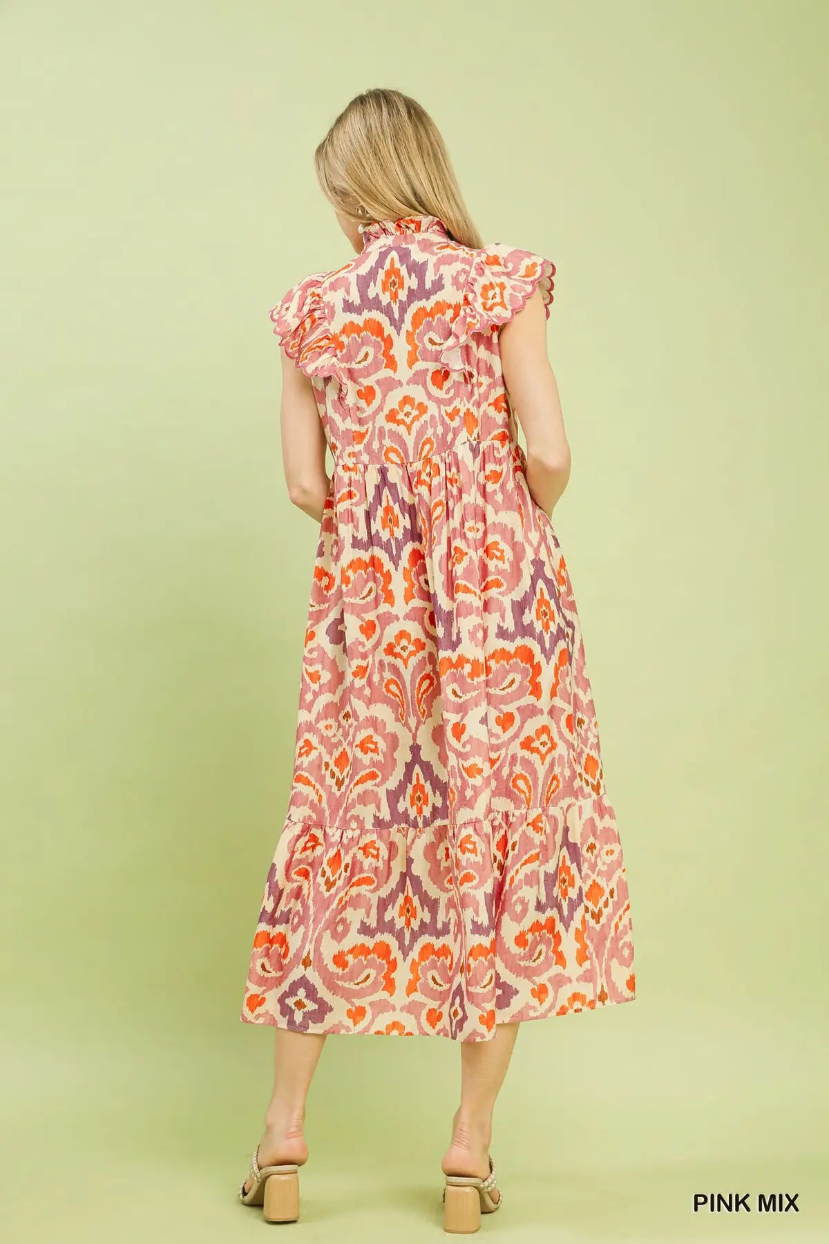 Ruffle Sleeve Ikat Midi Dress by Umgee in Pink Mix