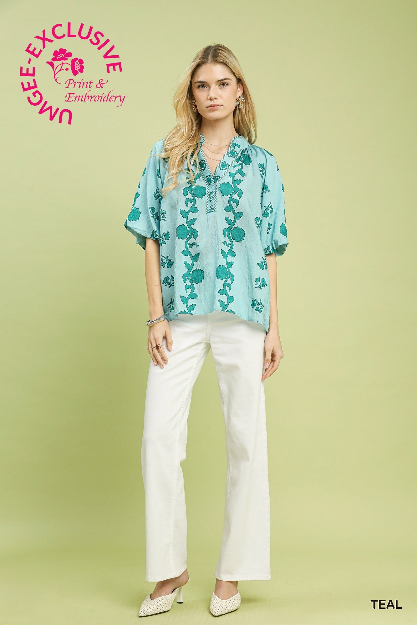 Collared Floral Print Top by Umgee Teal