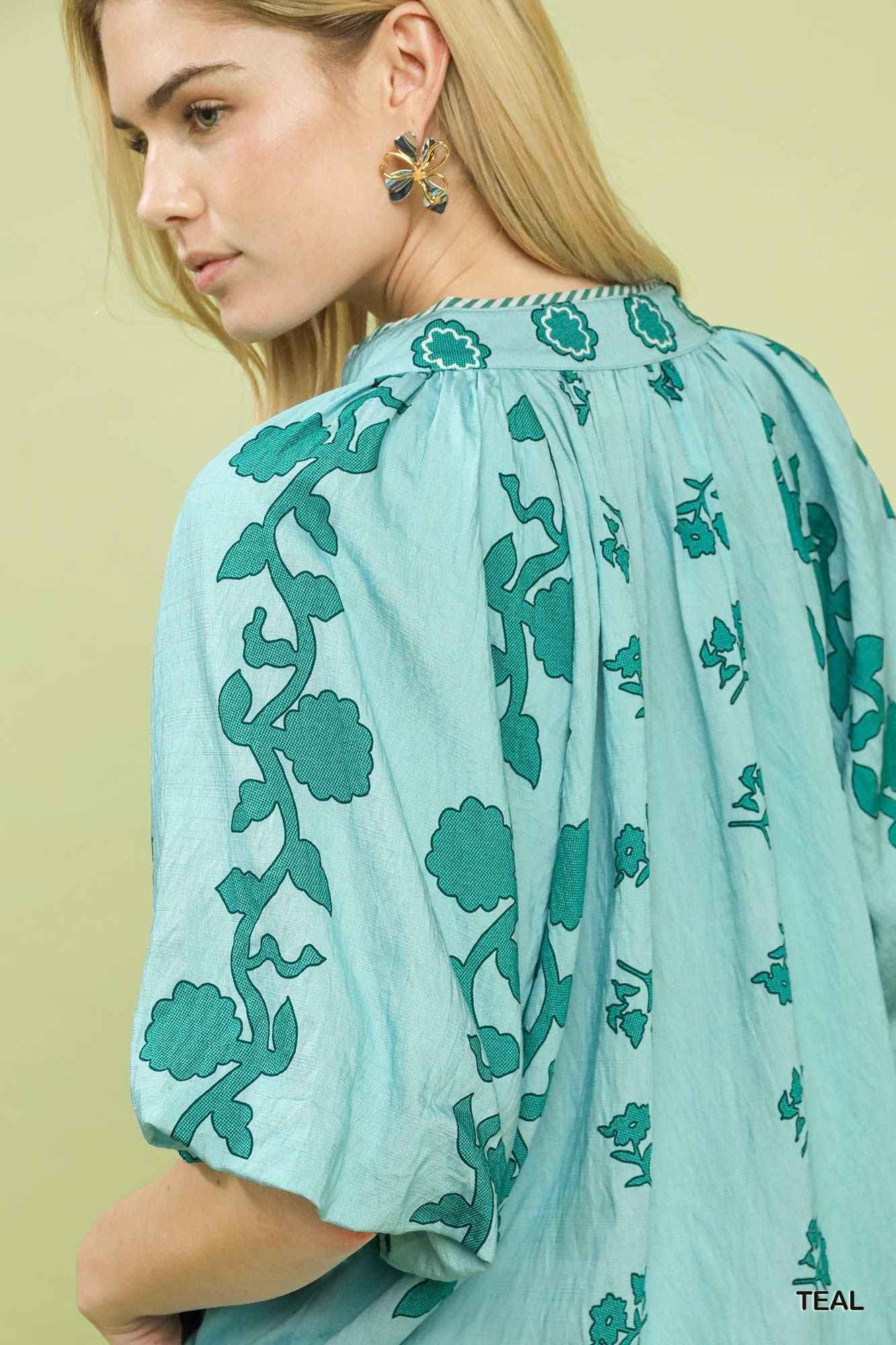 Collared Floral Print Top by Umgee Teal
