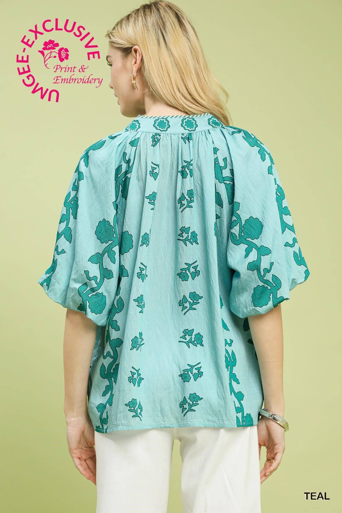 Collared Floral Print Top by Umgee Teal