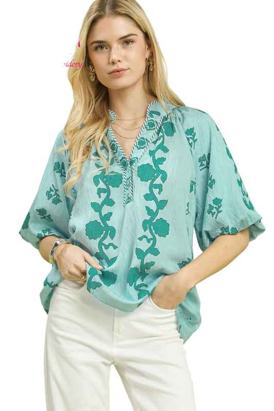 Collared Floral Print Top by Umgee Teal