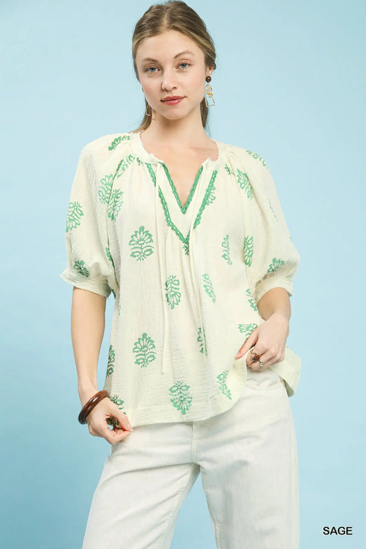Floral Print Gauze Top by Umgee in Sage