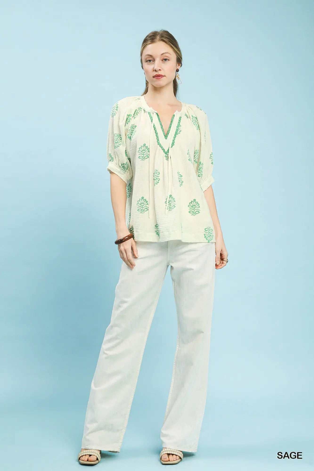 Floral Print Gauze Top by Umgee in Sage