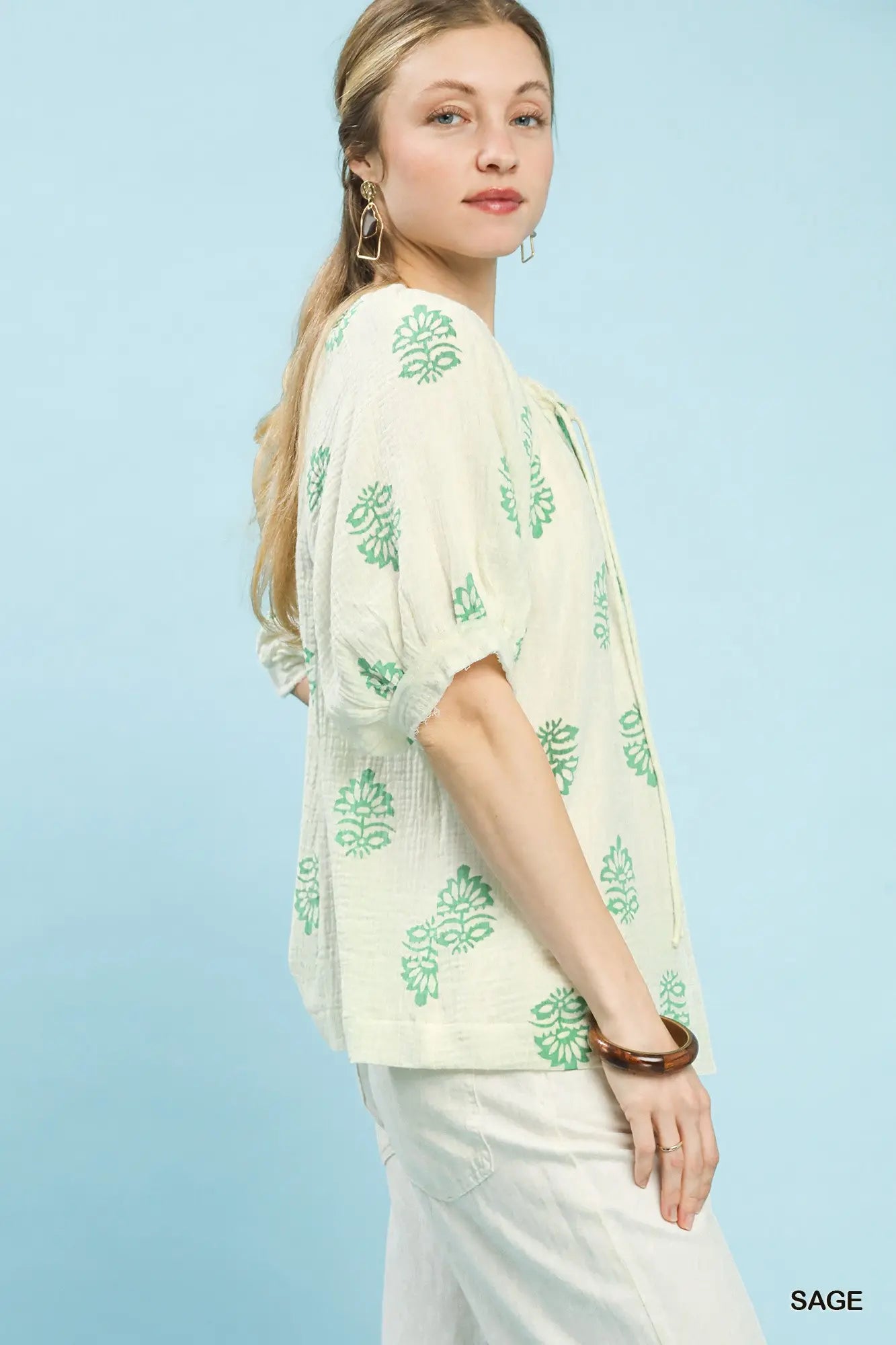 Floral Print Gauze Top by Umgee in Sage