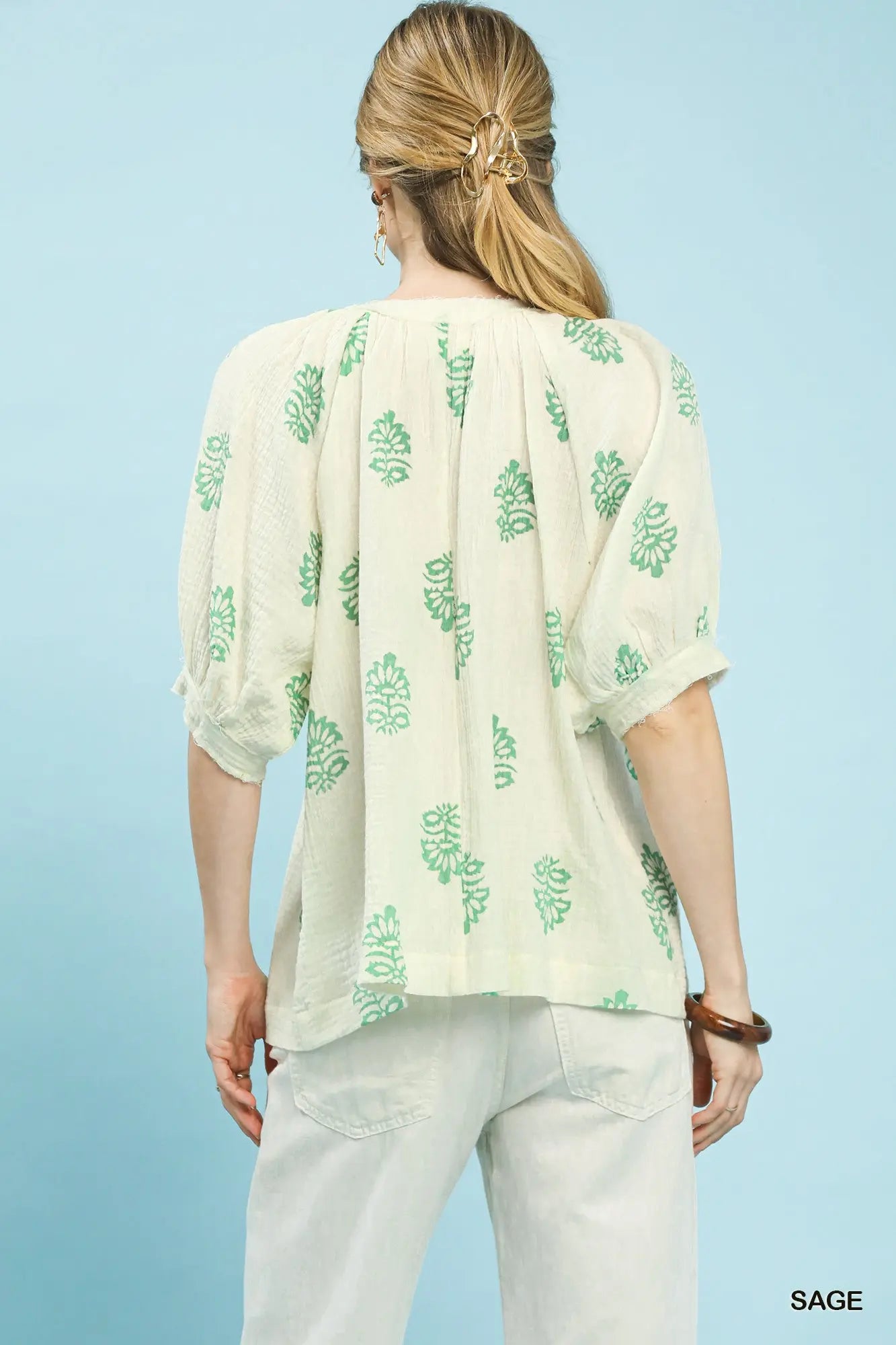 Floral Print Gauze Top by Umgee in Sage