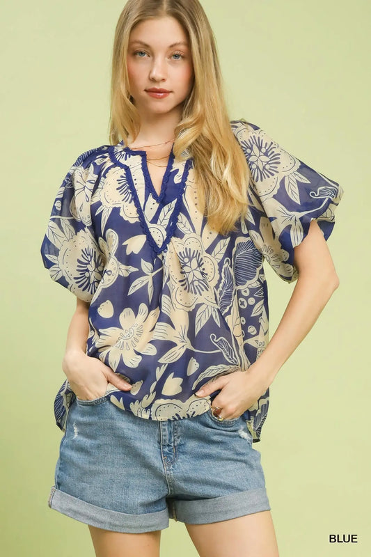 Floral V-Neck Top by Umgee in Blue