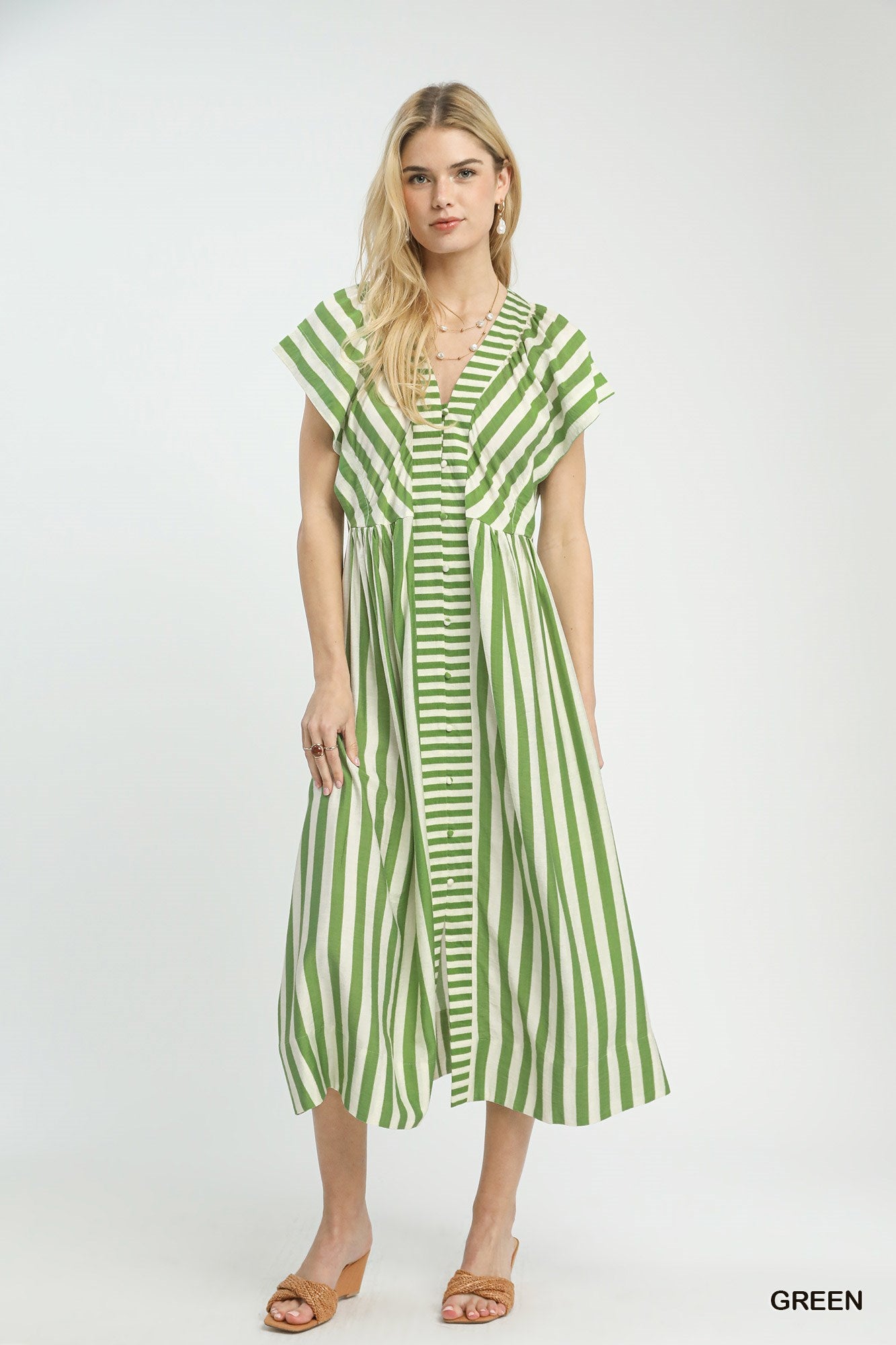 Striped Button-Front Midi Dress by Umgee in Green L