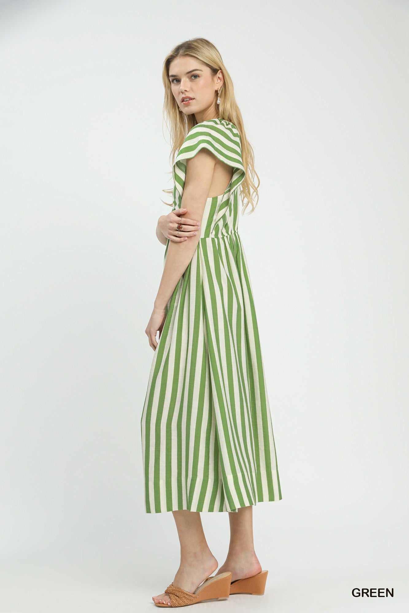 Striped Button-Front Midi Dress by Umgee in Green L