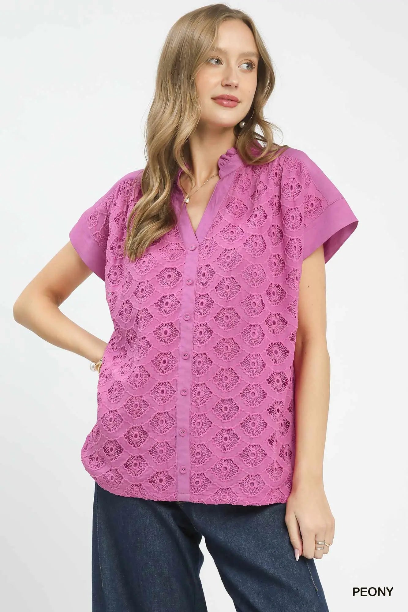 Lace Button-Front Top by Umgee in Peony