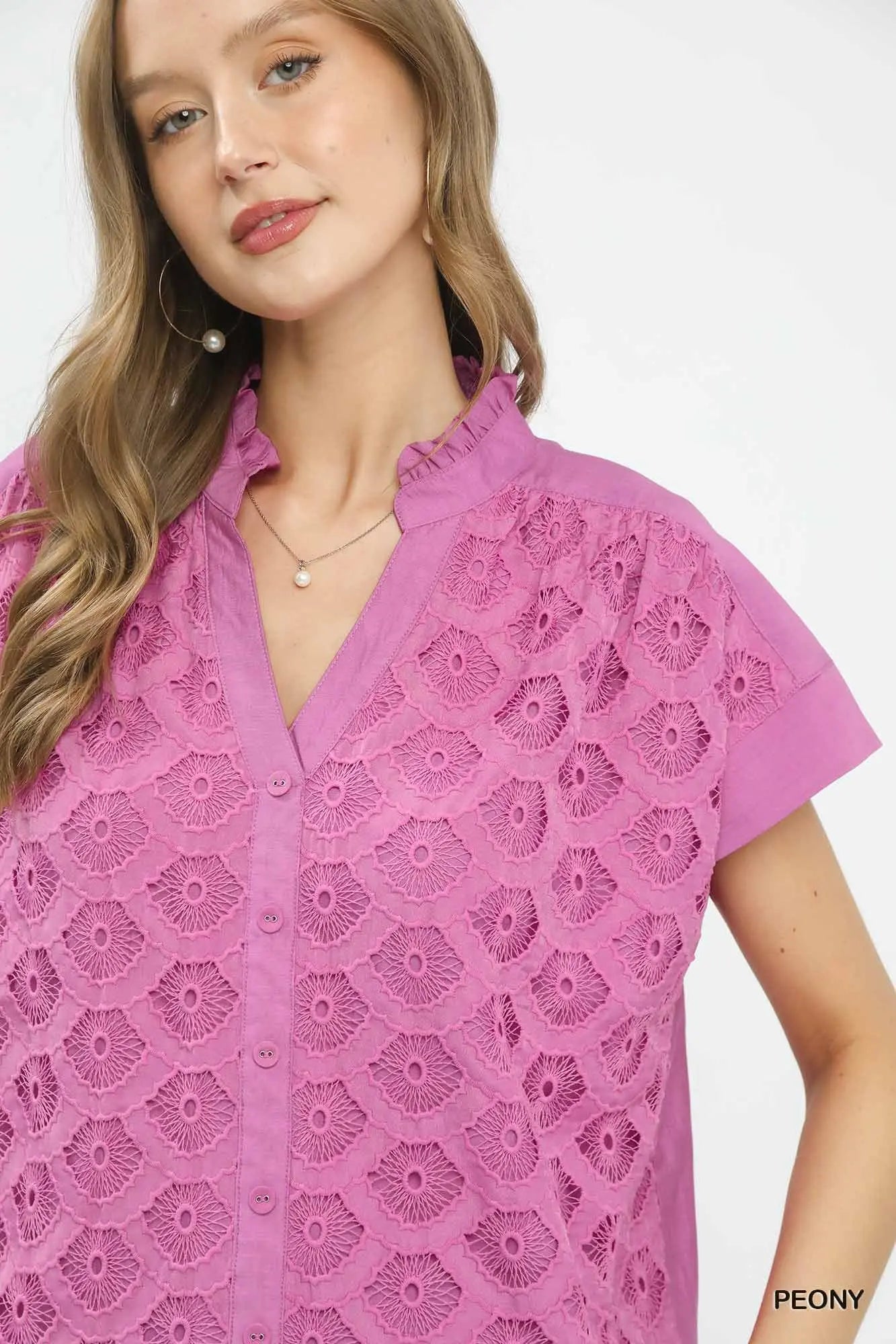 Lace Button-Front Top by Umgee in Peony