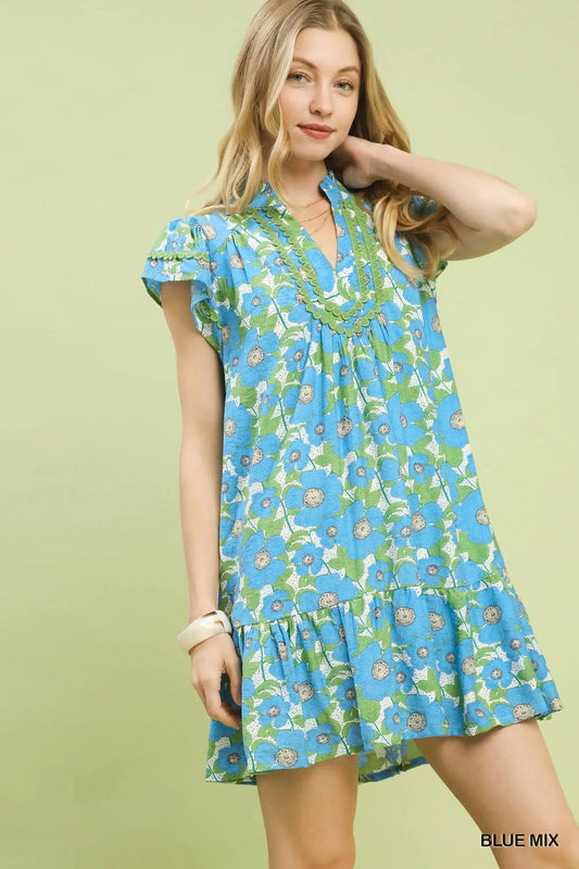 Abstract Mini Dress with Lace Trim by Umgee in Blue Mix