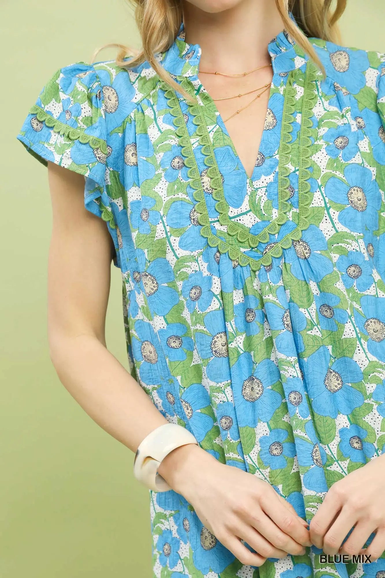 Abstract Mini Dress with Lace Trim by Umgee in Blue Mix