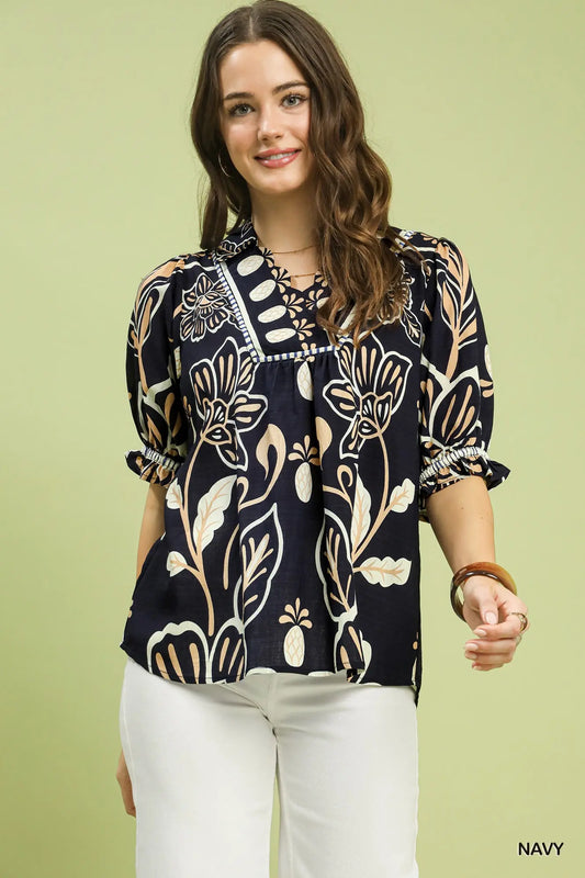 Floral Print Puff Sleeve Top by Umgee in Navy