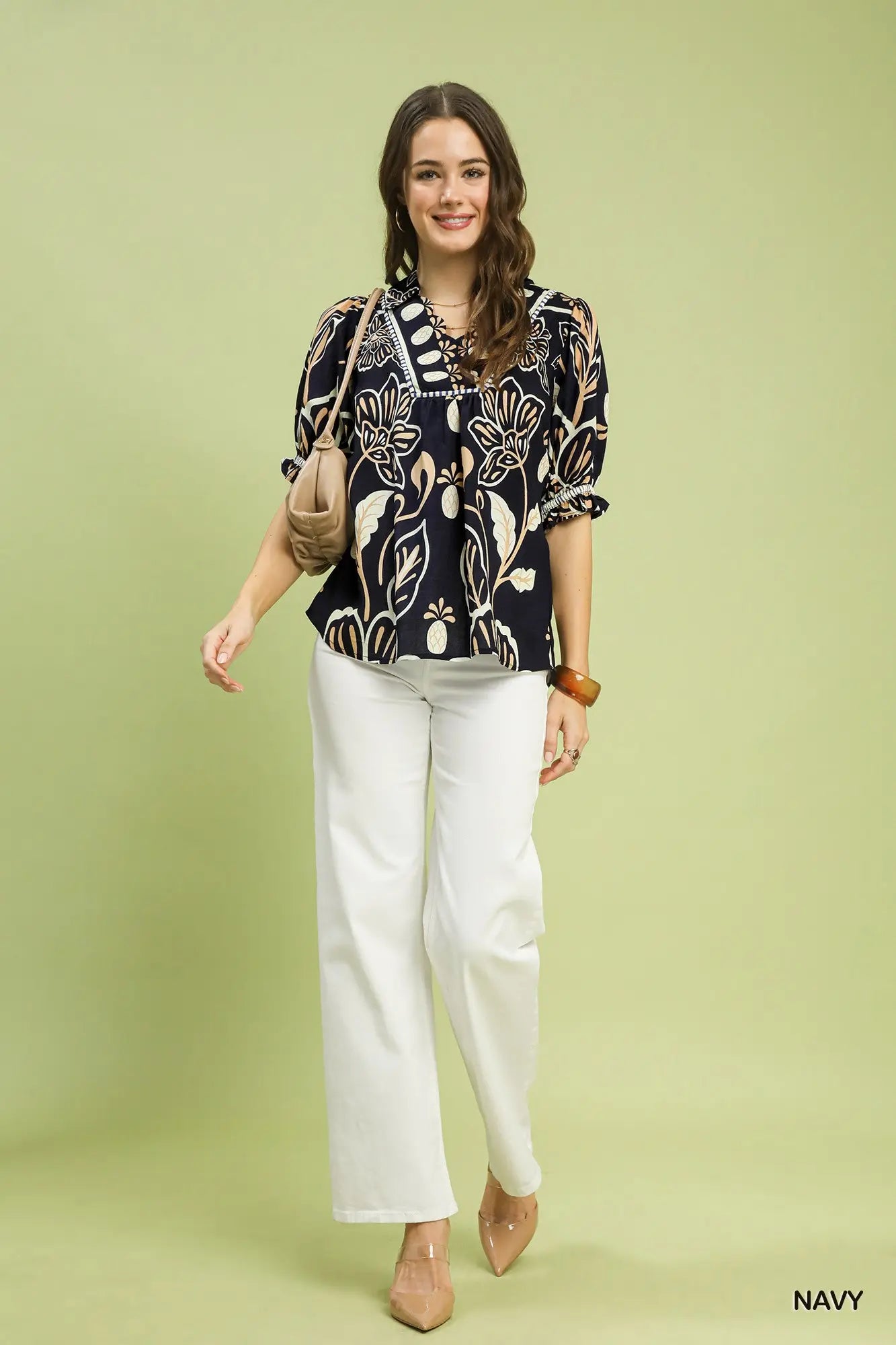 Floral Print Puff Sleeve Top by Umgee in Navy