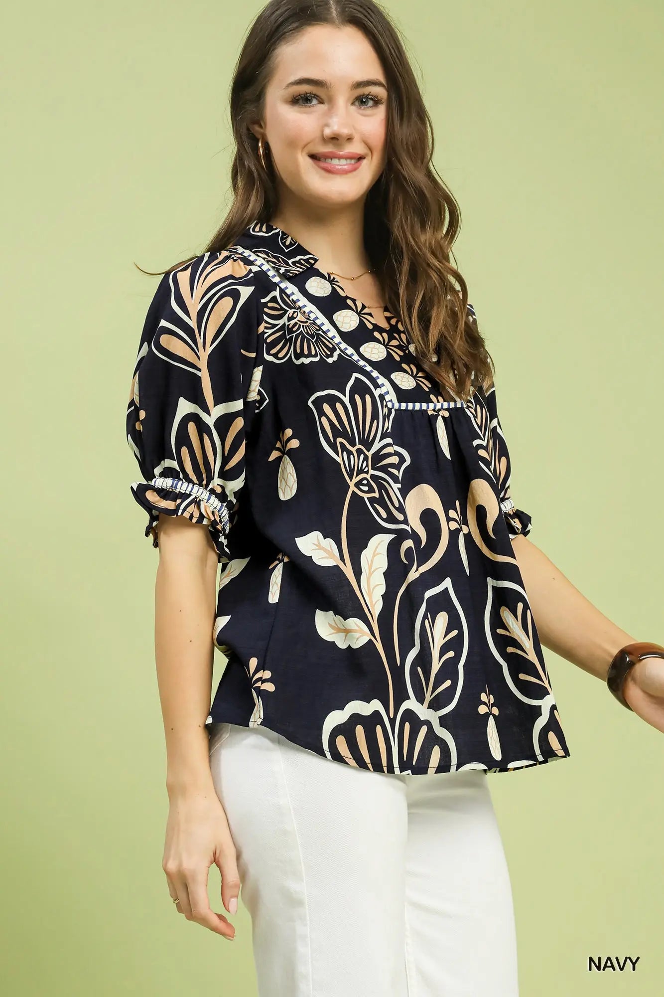 Floral Print Puff Sleeve Top by Umgee in Navy