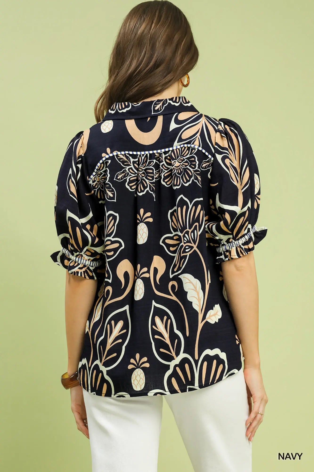 Floral Print Puff Sleeve Top by Umgee in Navy