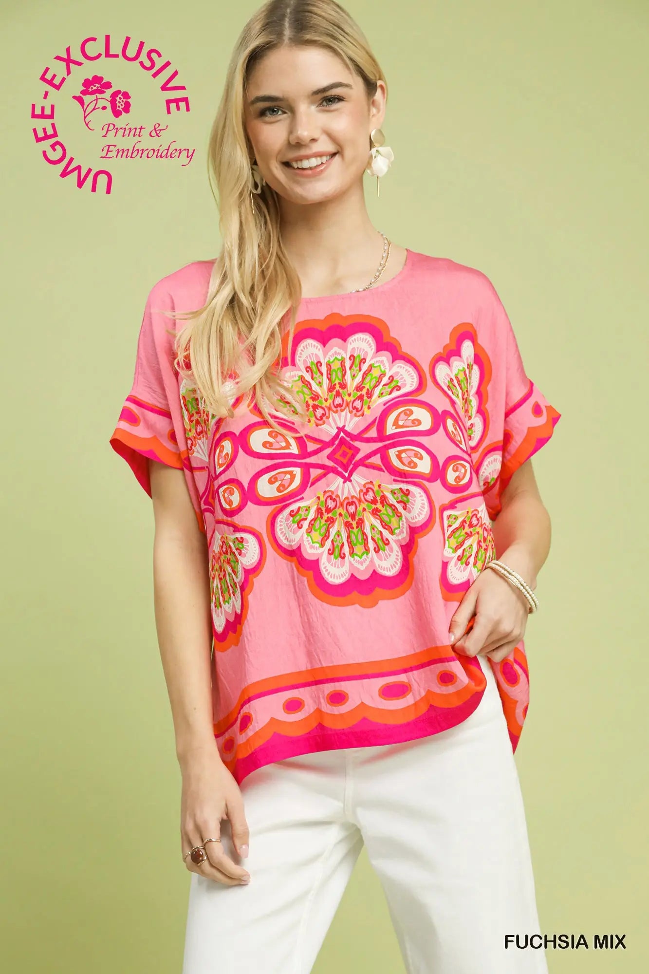 Round Neck Sleeveless Woven Top by Umgee in Fuchsia Mix