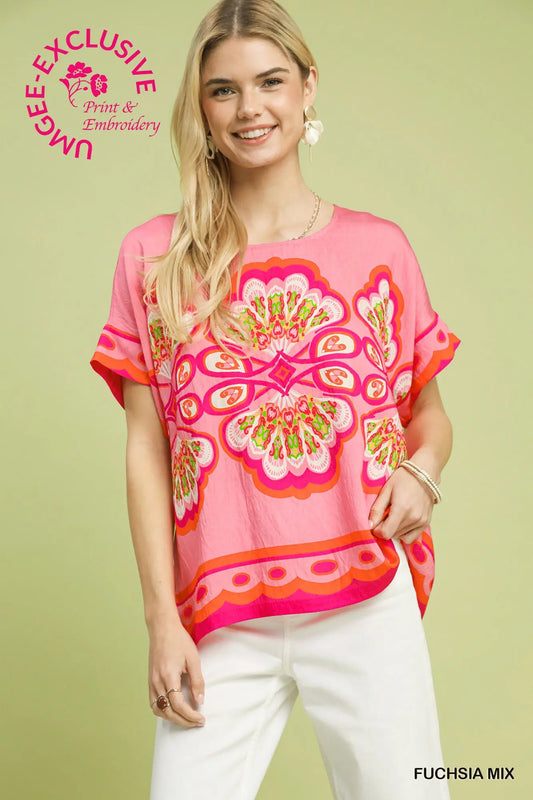 Round Neck Sleeveless Woven Top by Umgee in Fuchsia Mix