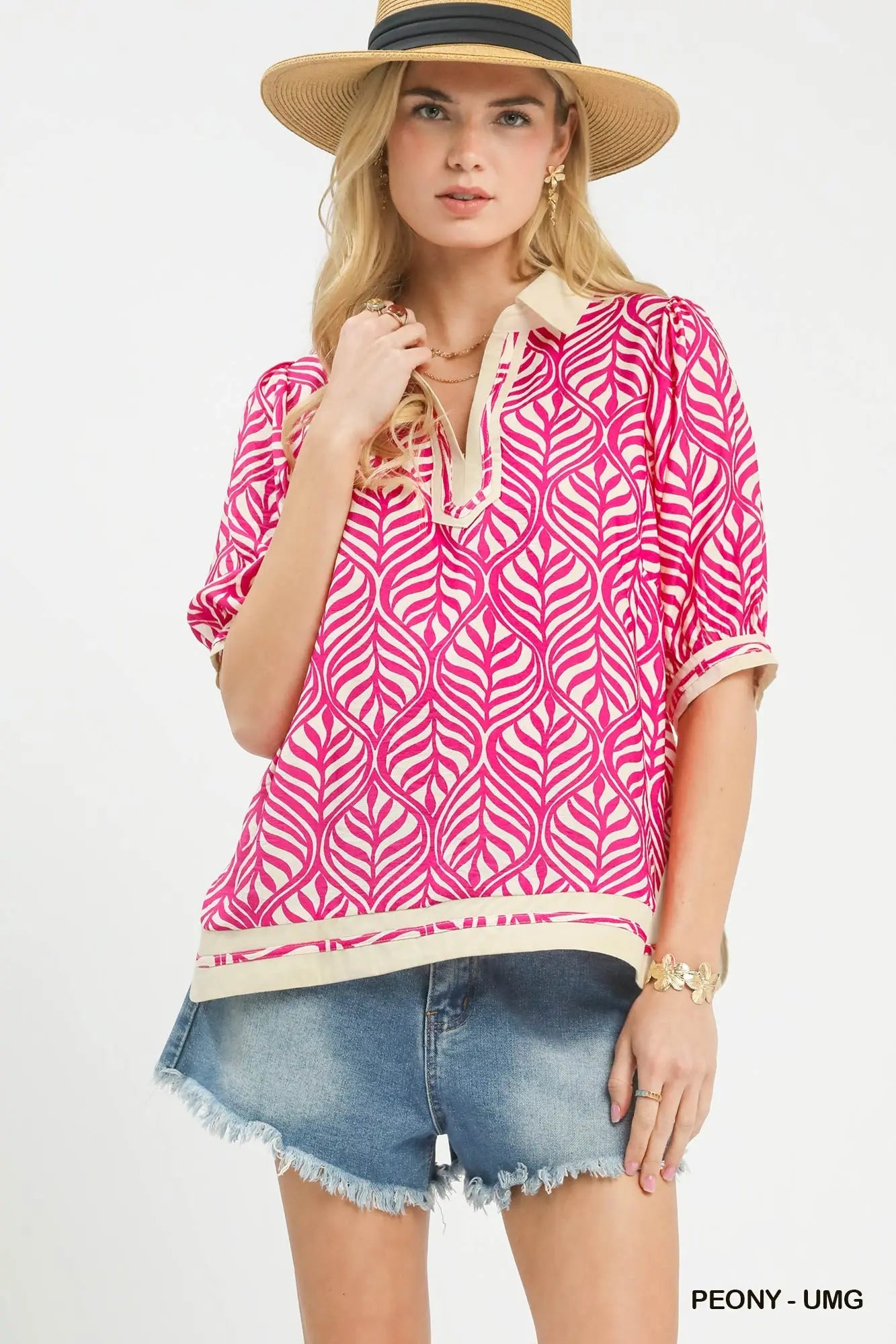 Geometric Leaf Print Popover Top by Umgee in Peony