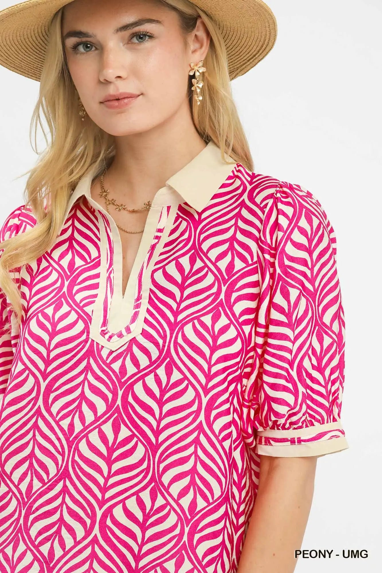 Geometric Leaf Print Popover Top by Umgee in Peony