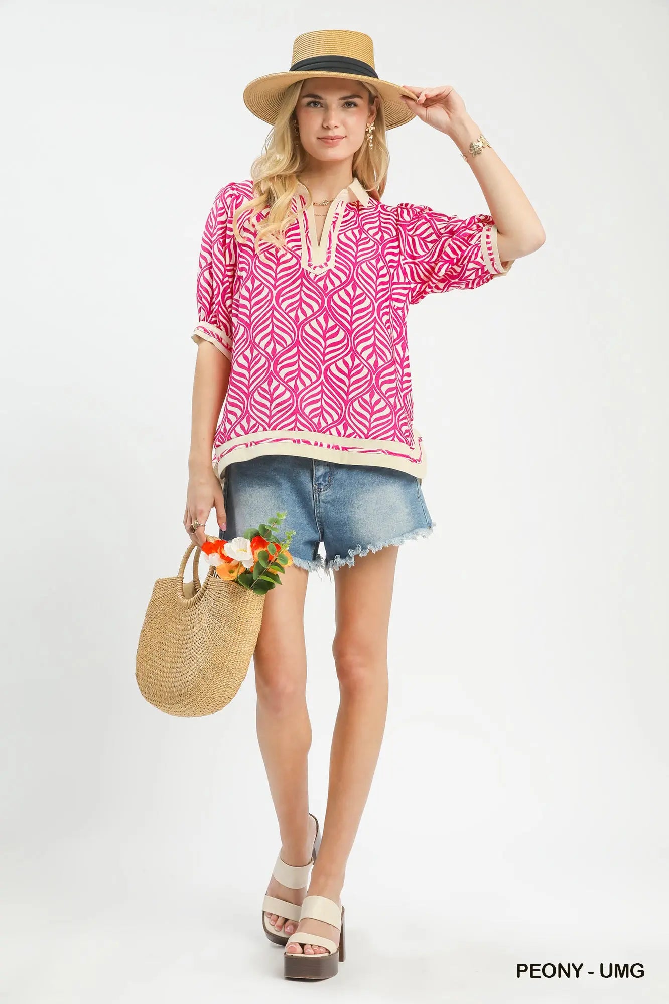 Geometric Leaf Print Popover Top by Umgee in Peony