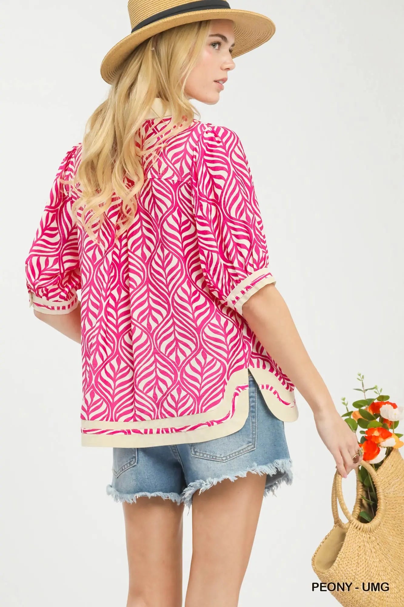 Geometric Leaf Print Popover Top by Umgee in Peony