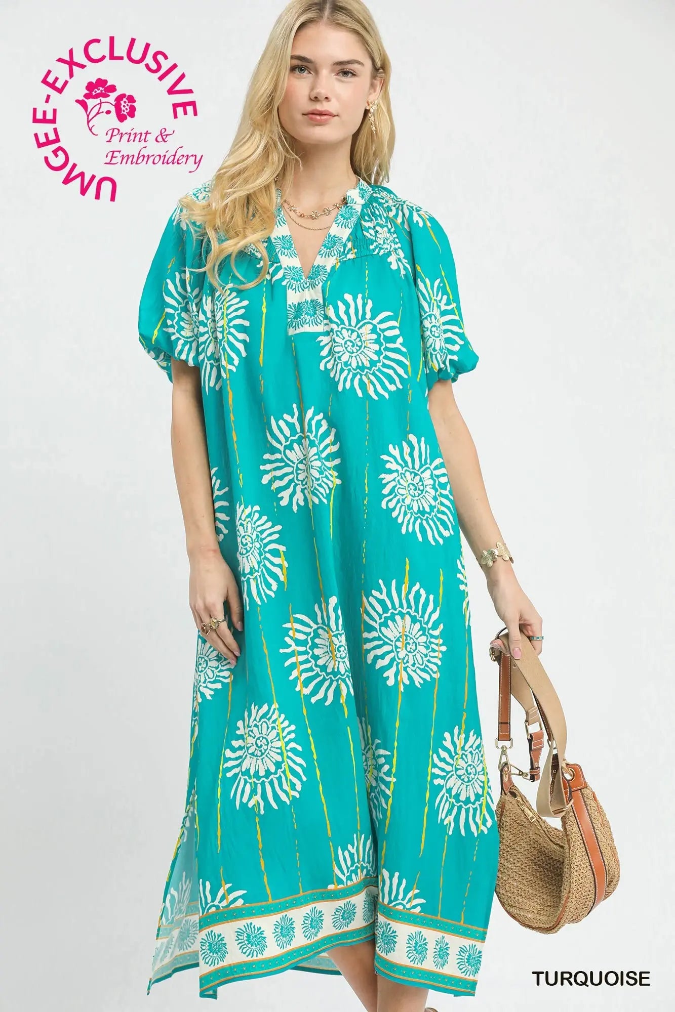 Collar Smocked V-Neck Midi Dress by Umgee in Turquoise