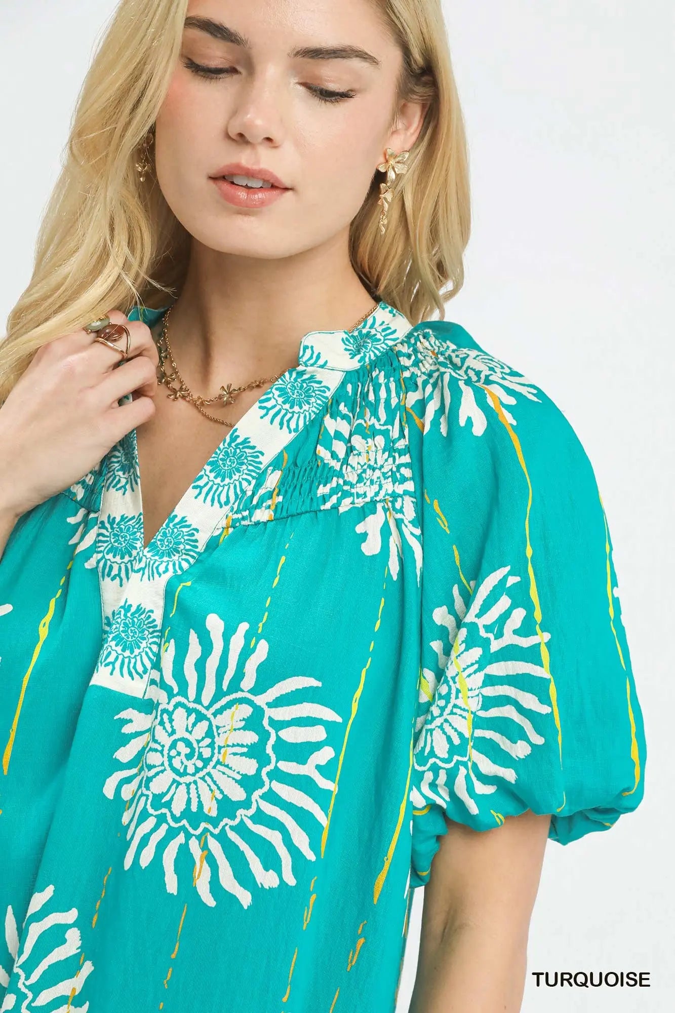 Collar Smocked V-Neck Midi Dress by Umgee in Turquoise