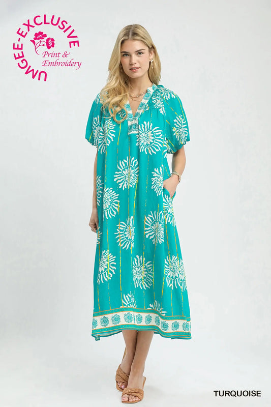 Collar Smocked V-Neck Midi Dress by Umgee in Turquoise