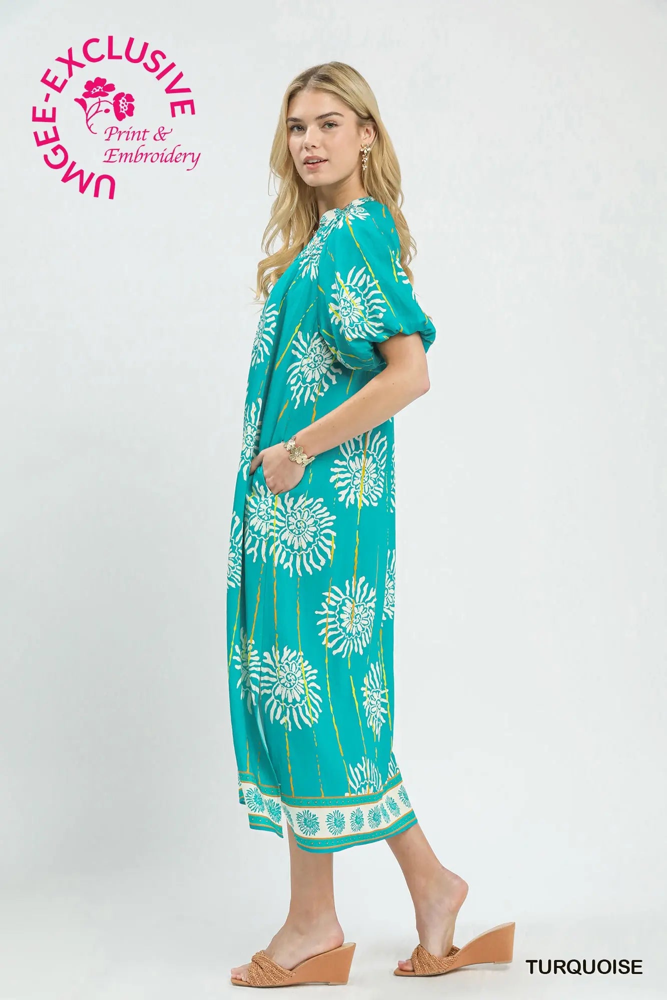 Collar Smocked V-Neck Midi Dress by Umgee in Turquoise