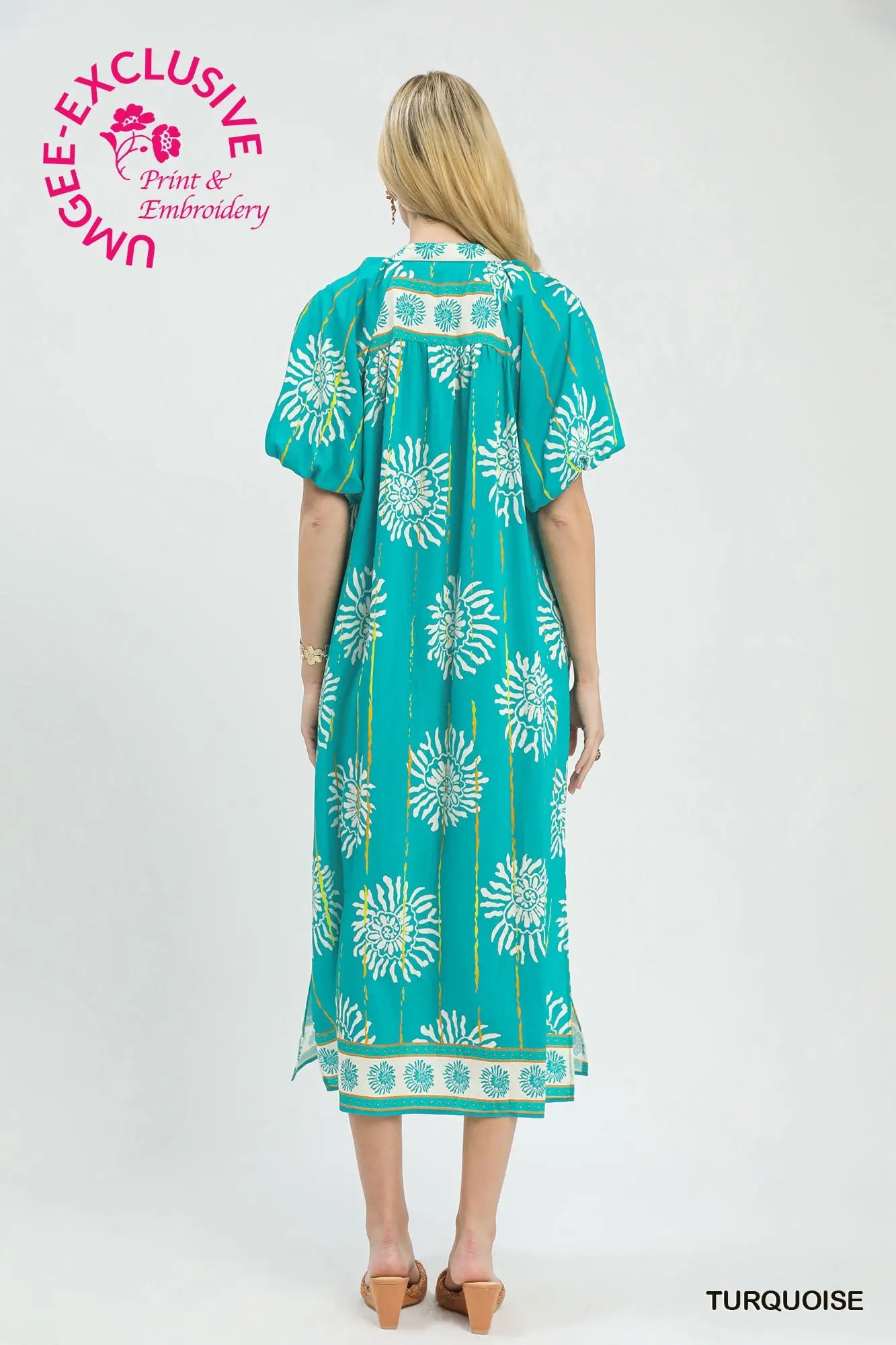 Collar Smocked V-Neck Midi Dress by Umgee in Turquoise