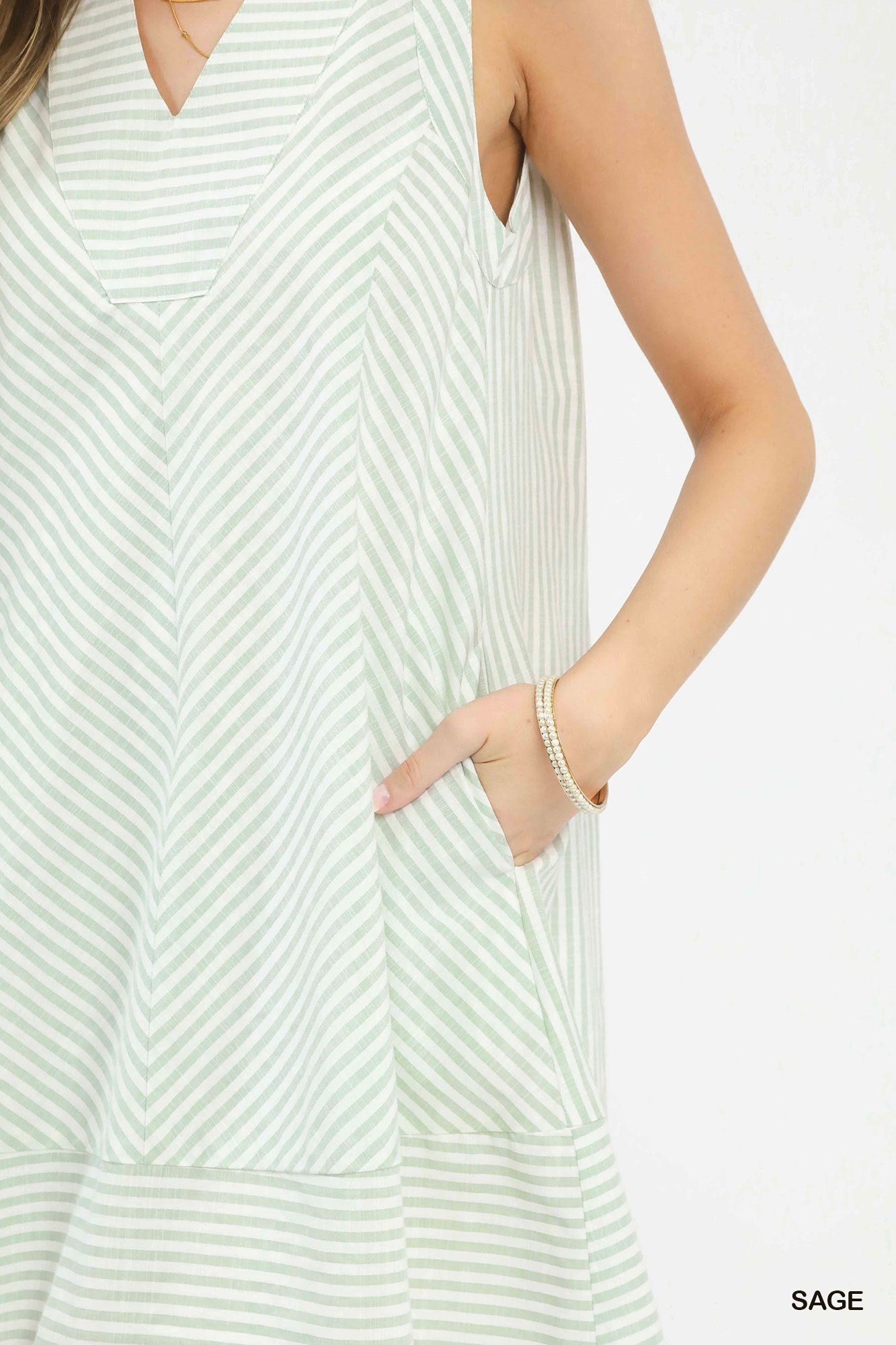 Sleeveless A-Line Stripe Mini Dress by Umgee in Sage