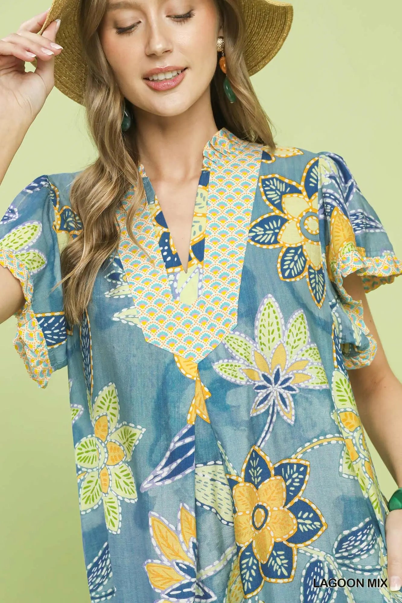 Mix Boho Floral Flutter Sleeve Midi Dress by Umgee in Lagoon Mix
