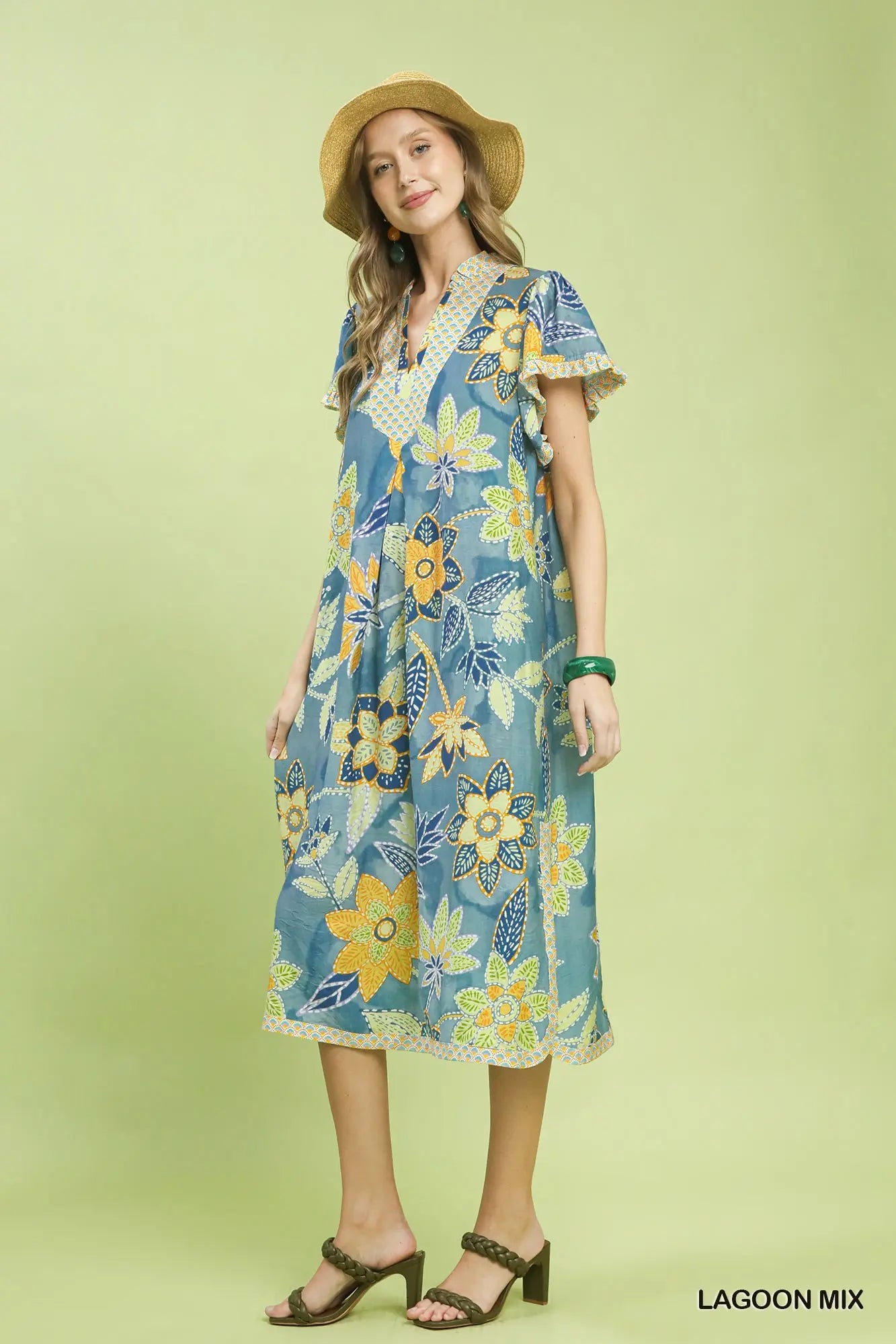 Mix Boho Floral Flutter Sleeve Midi Dress by Umgee in Lagoon Mix