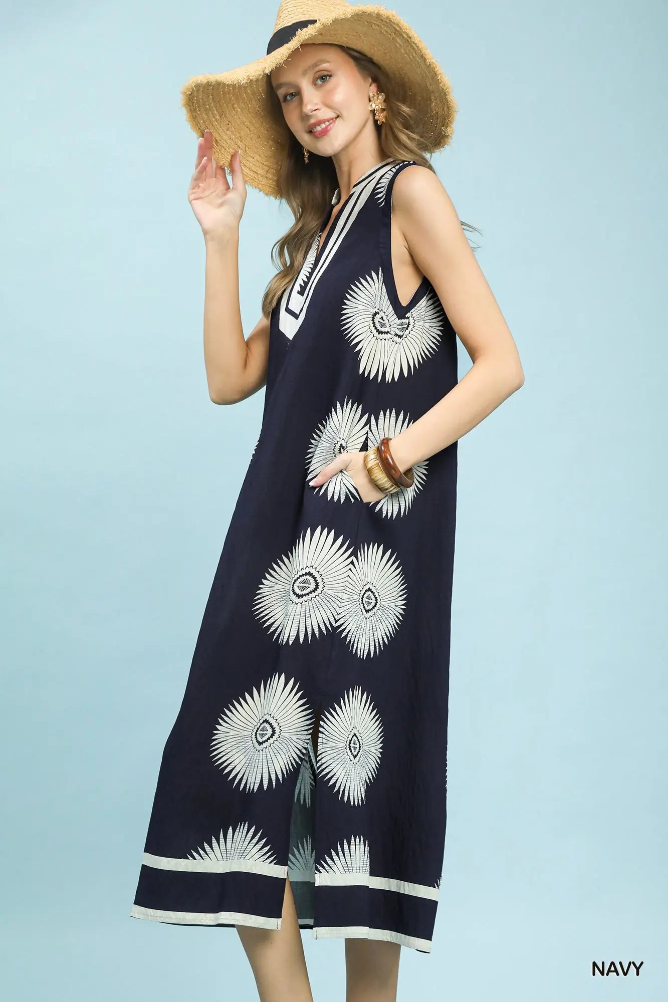 Sleeveless Geometric Midi Dress by Umgee in Navy