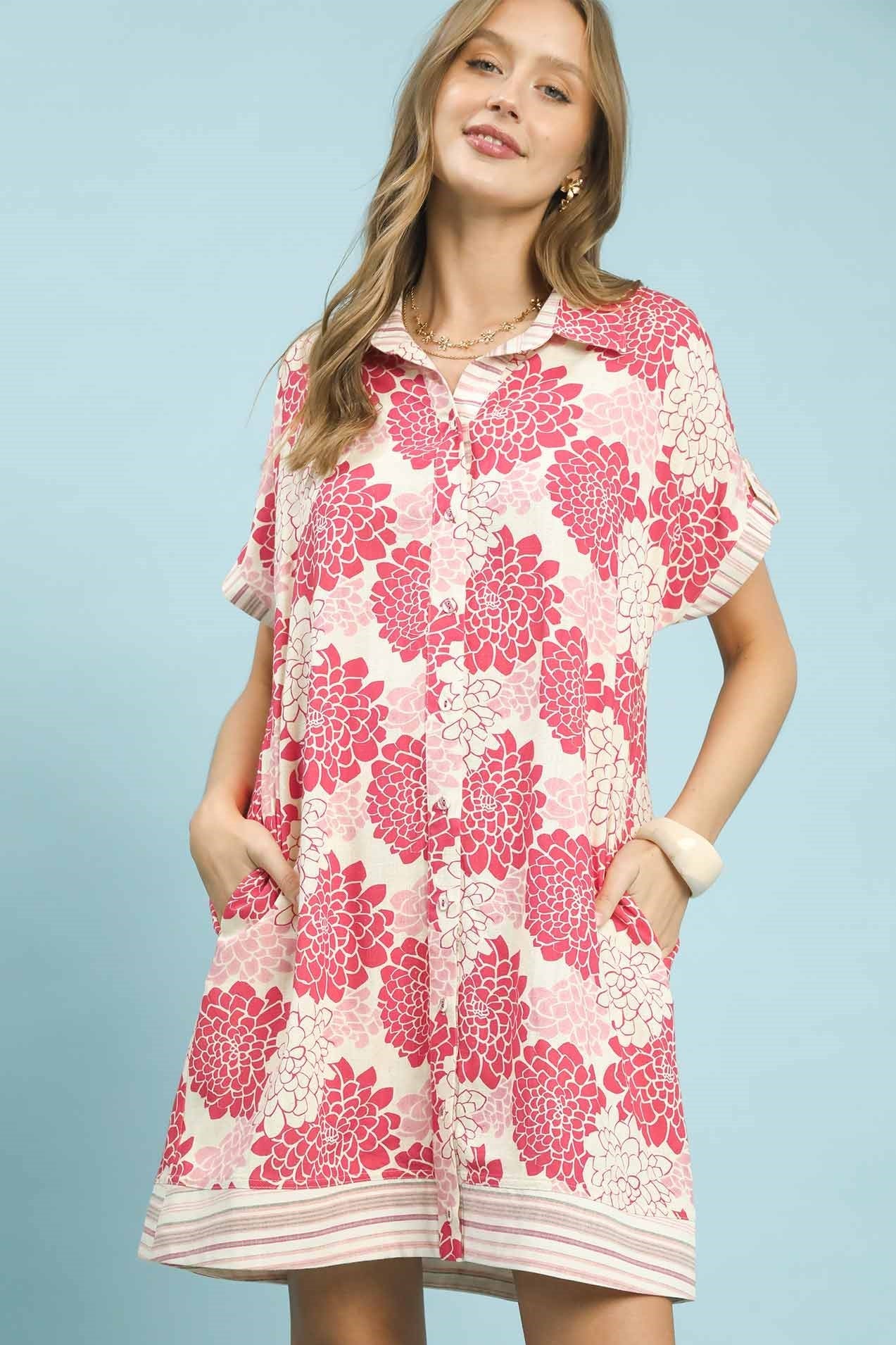 Floral Button-Down Contrast Trim Shirt Dress by Umgee in Teaberry