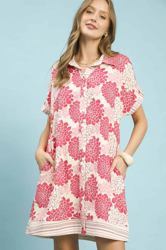 Floral Button-Down Contrast Trim Shirt Dress by Umgee in Teaberry