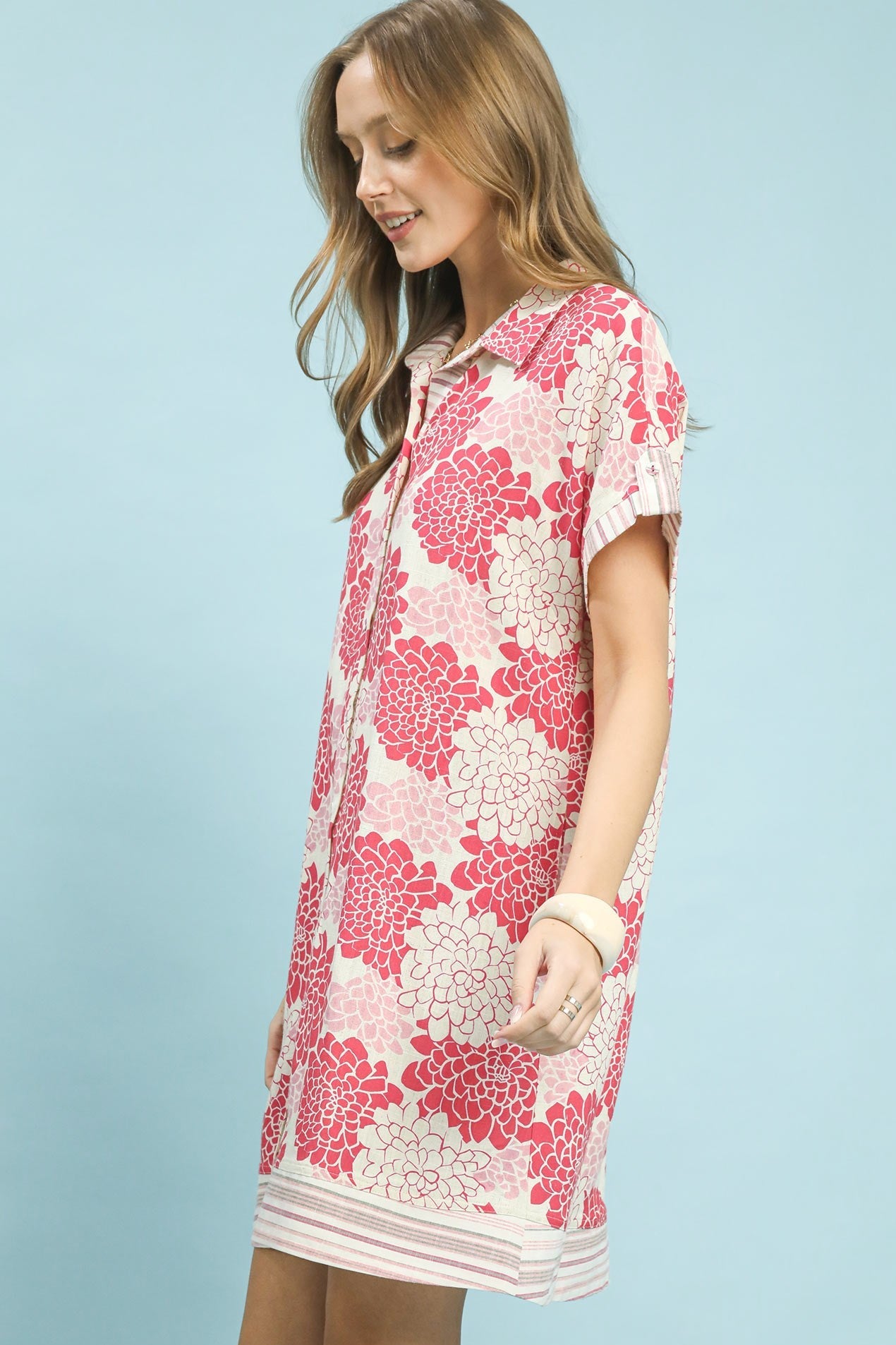 Floral Button-Down Contrast Trim Shirt Dress by Umgee in Teaberry