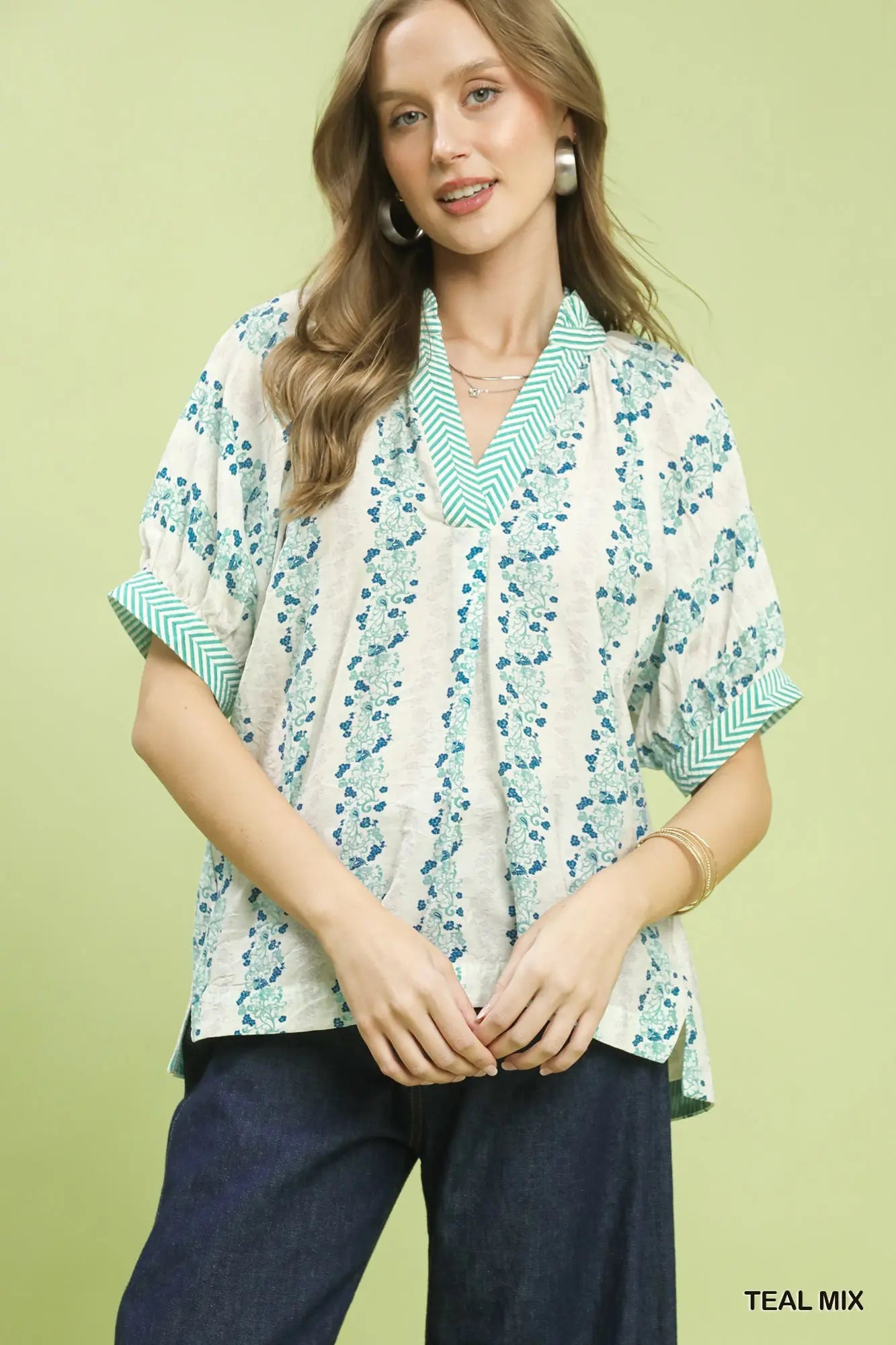Mix Print Boho Blouse with Contrast Trim by Umgee in Teal Mix