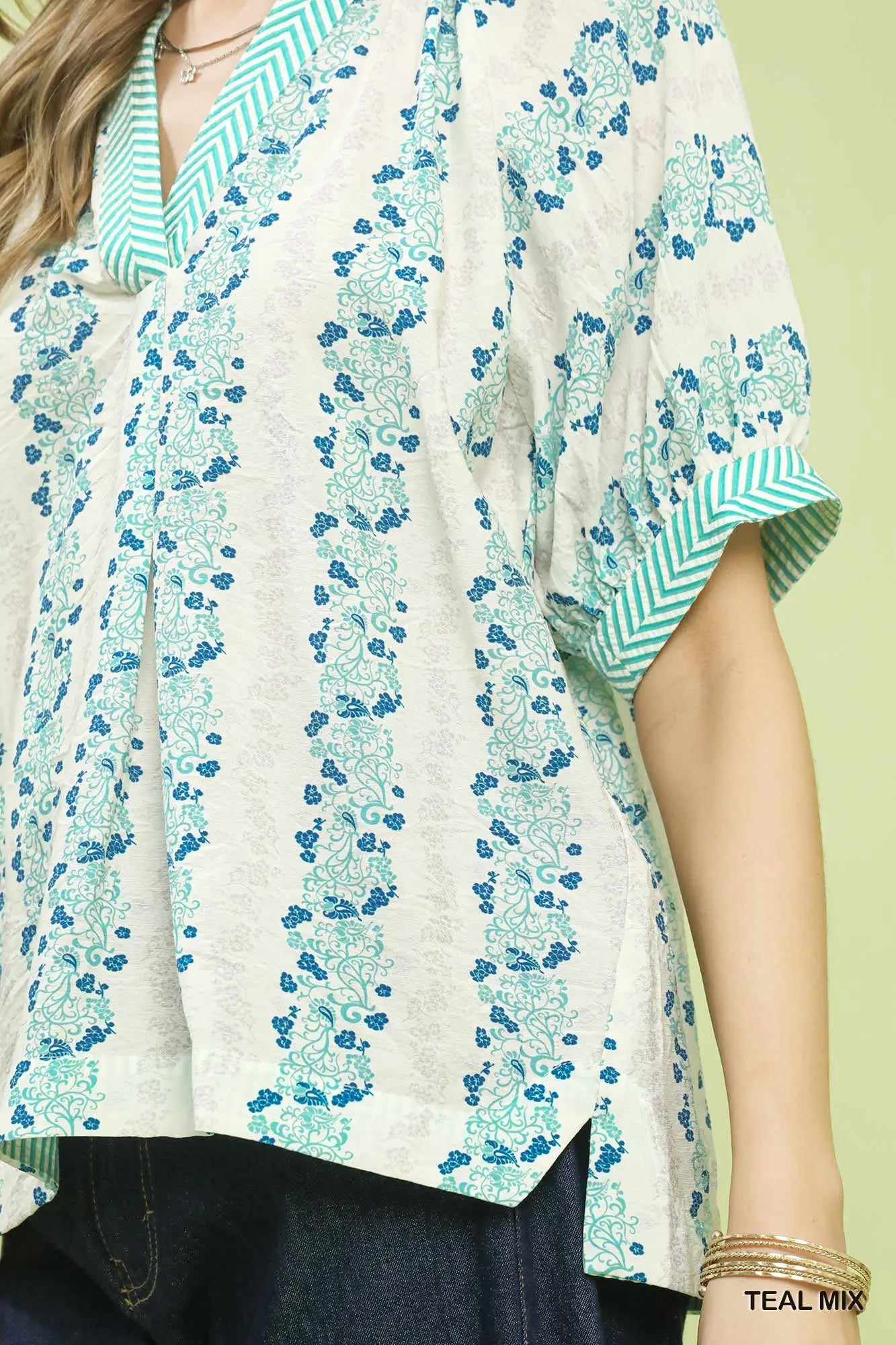 Mix Print Boho Blouse with Contrast Trim by Umgee in Teal Mix