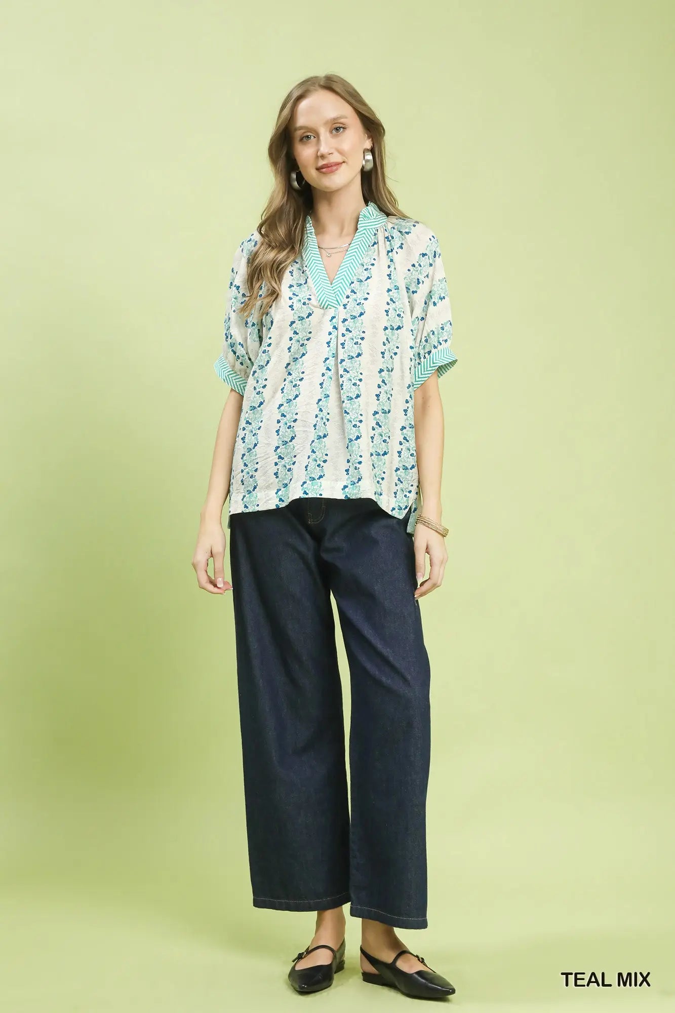 Mix Print Boho Blouse with Contrast Trim by Umgee in Teal Mix