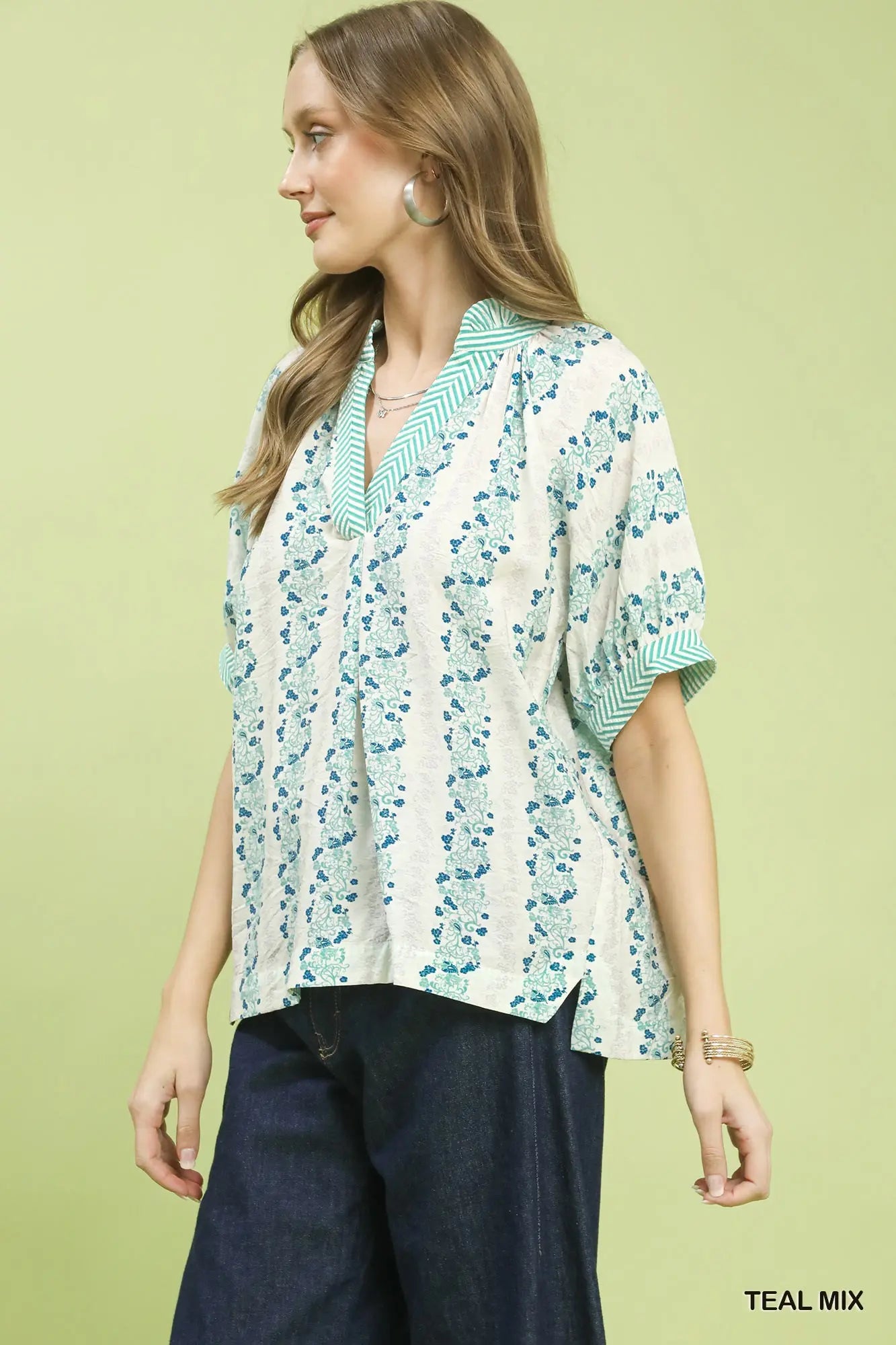 Mix Print Boho Blouse with Contrast Trim by Umgee in Teal Mix