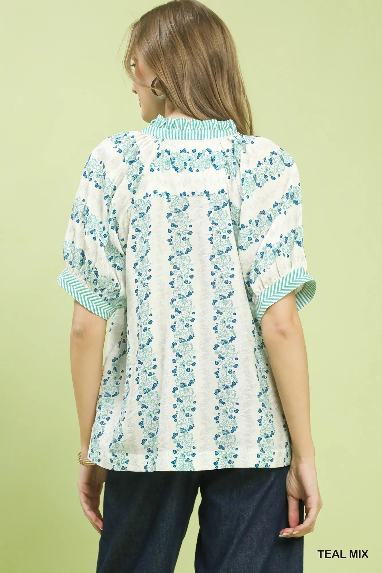 Mix Print Boho Blouse with Contrast Trim by Umgee in Teal Mix