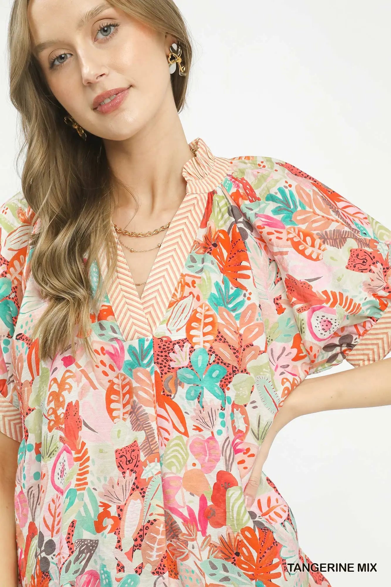 Mix Boho Printed V-Neck Top by Umgee in Tangerine Mix