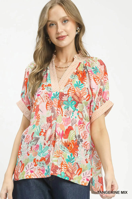 Mix Boho Printed V-Neck Top by Umgee in Tangerine Mix