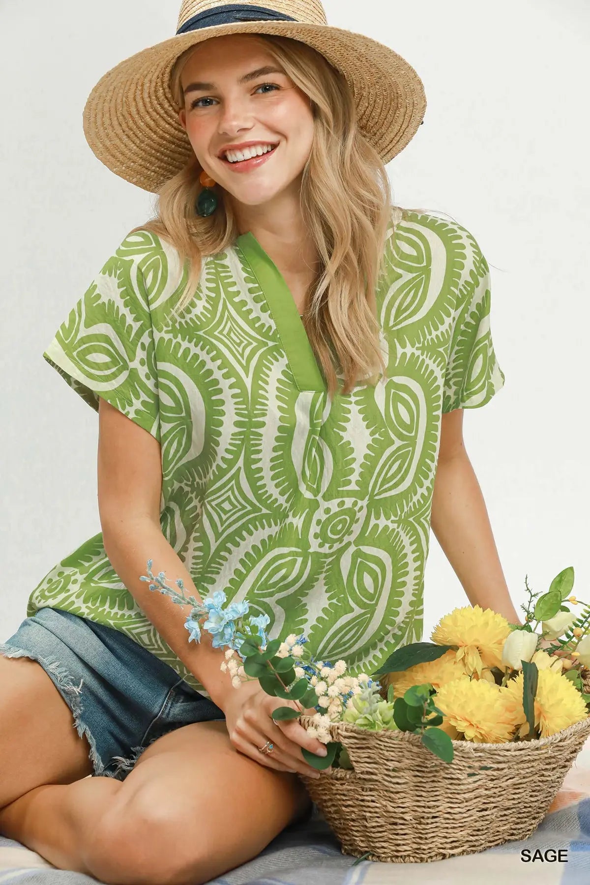 Geometric Print V-Neck Top by Umgee in Sage