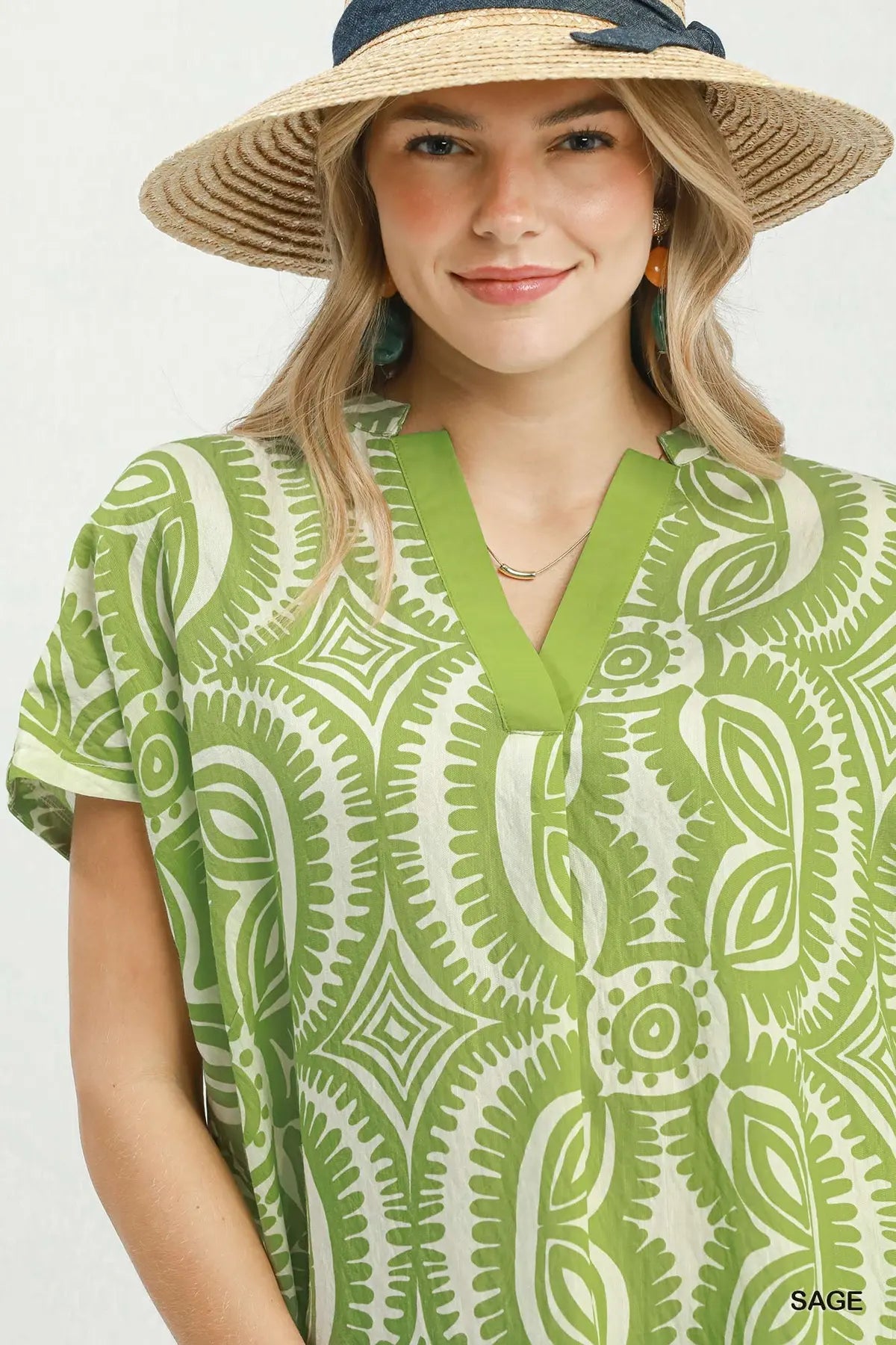 Geometric Print V-Neck Top by Umgee in Sage