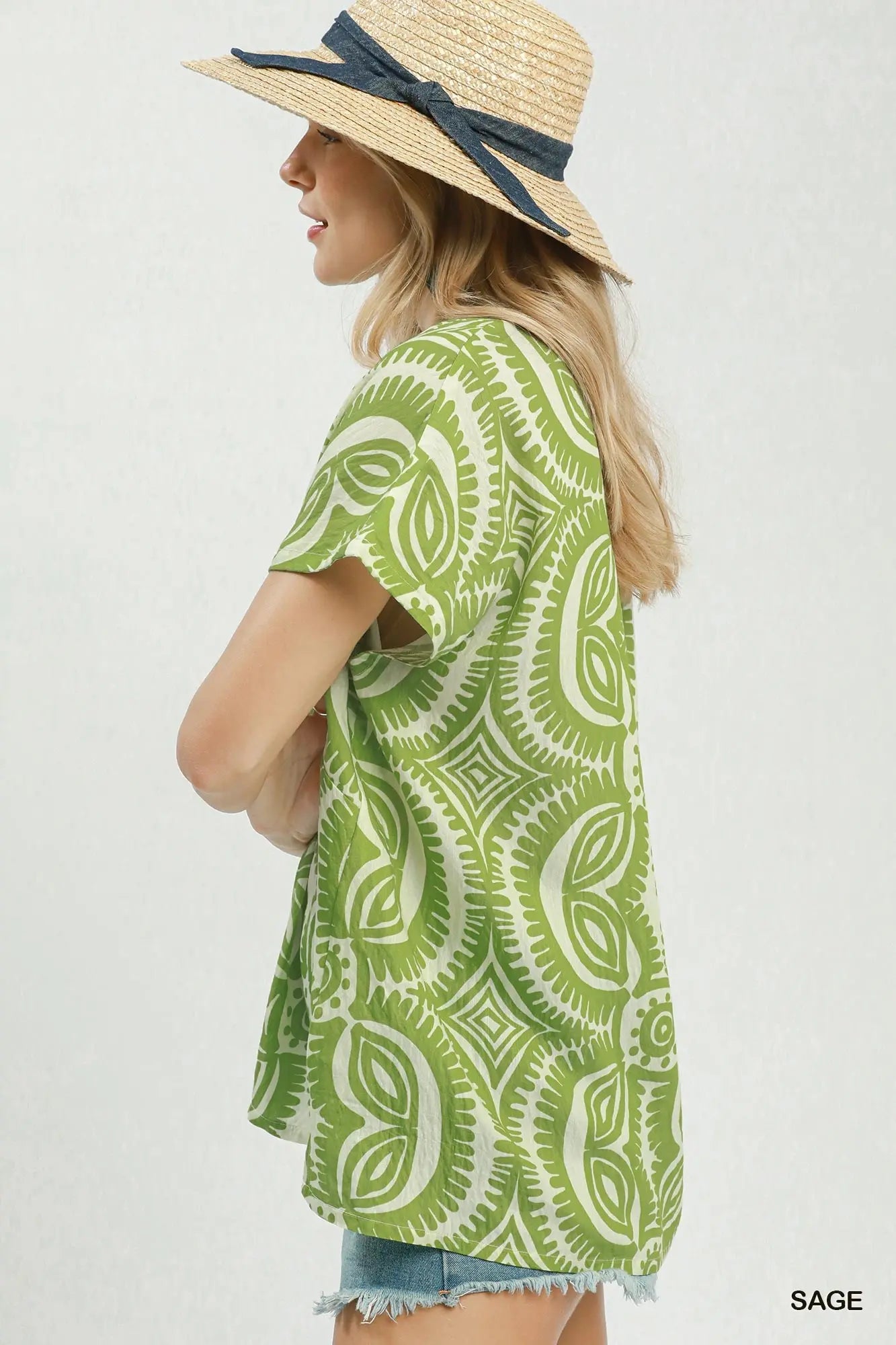 Geometric Print V-Neck Top by Umgee in Sage