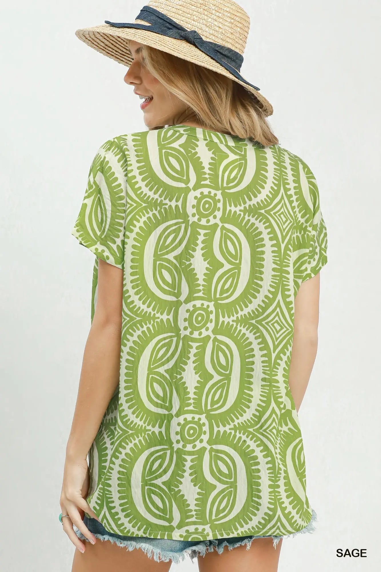 Geometric Print V-Neck Top by Umgee in Sage